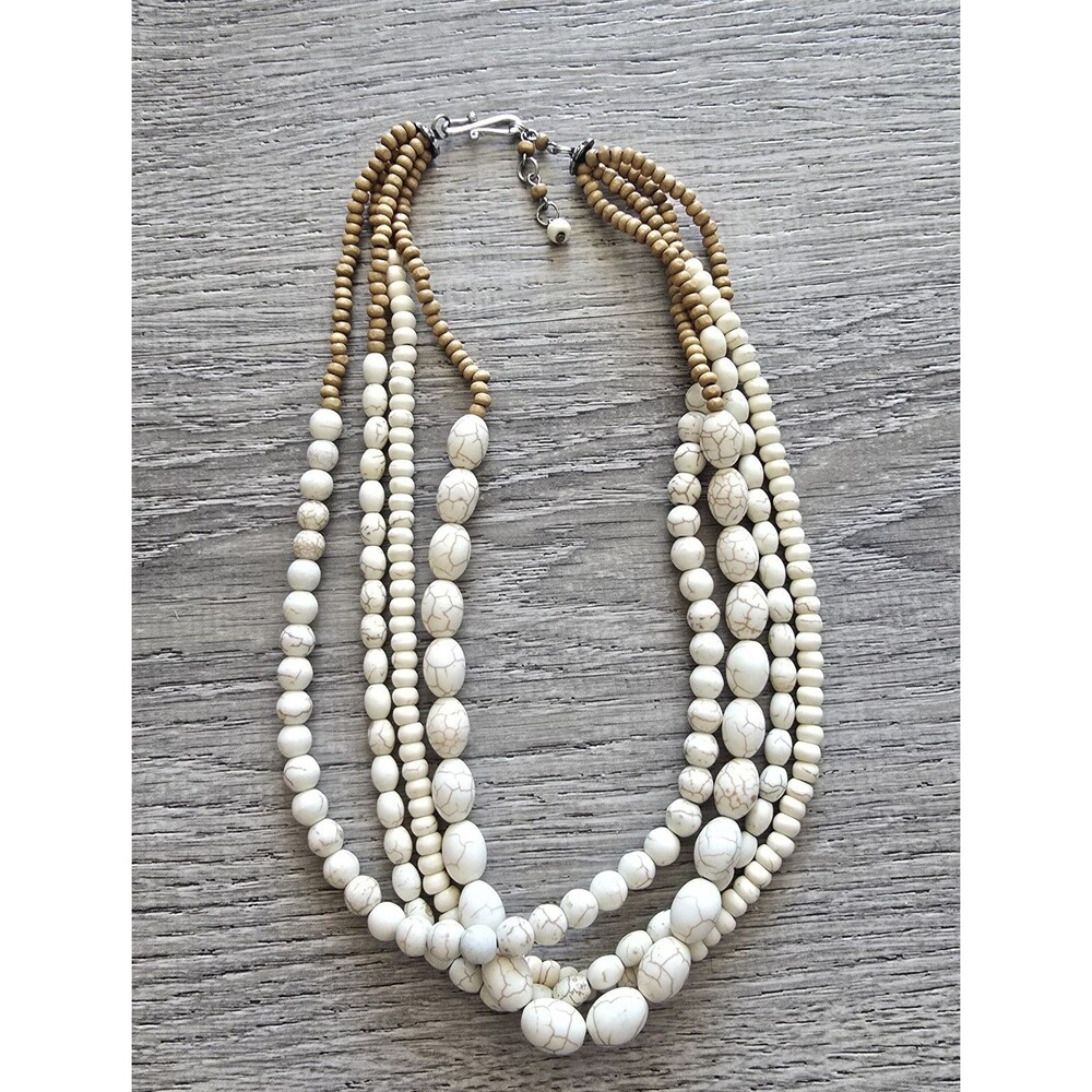 White Howlite Statement Necklace Multi Strand Beads ~ Beach Summer